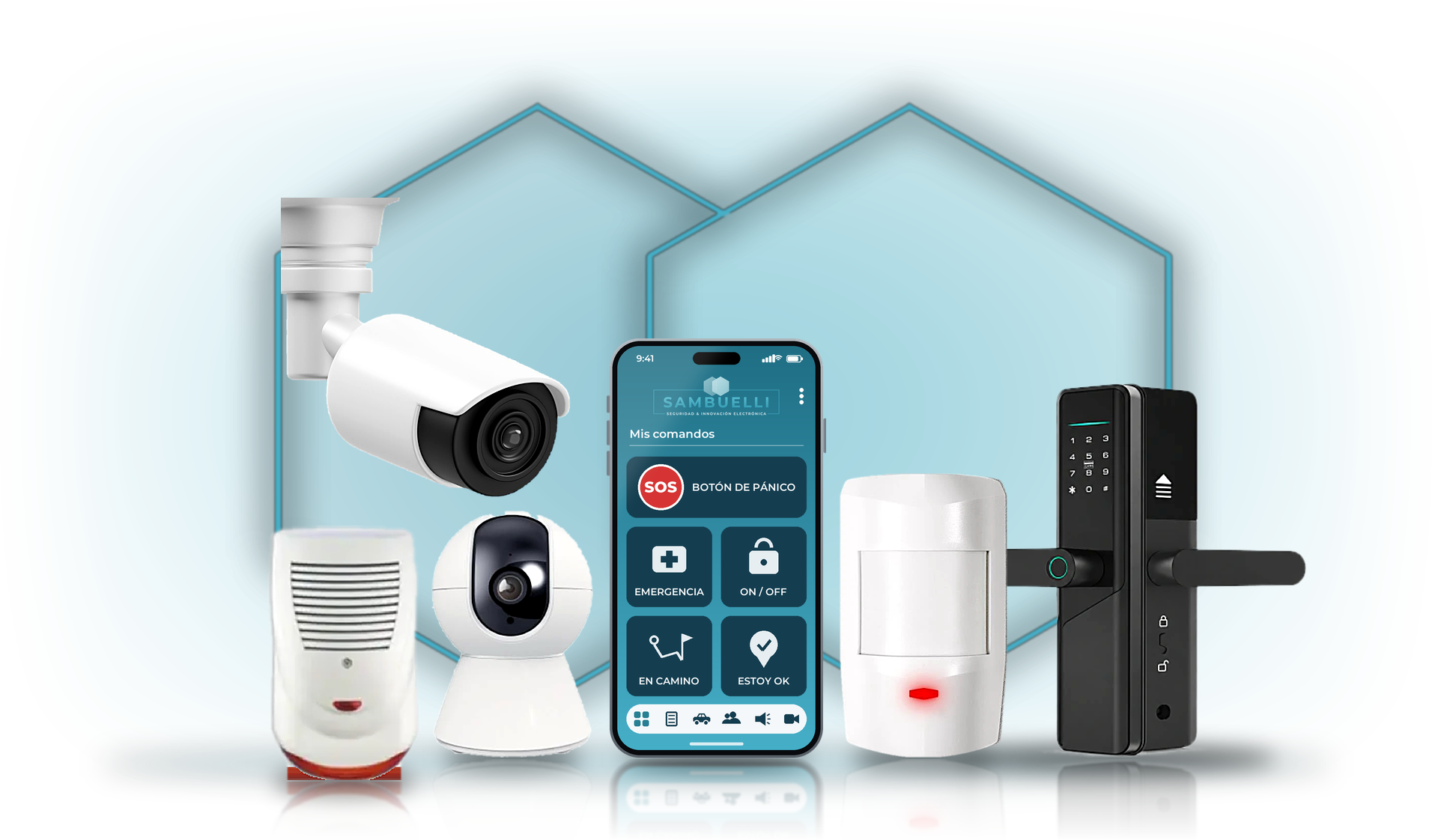 Equipos: cámaras de seguridad, app en el celular, sensor de movimiento y cerradura inteligente